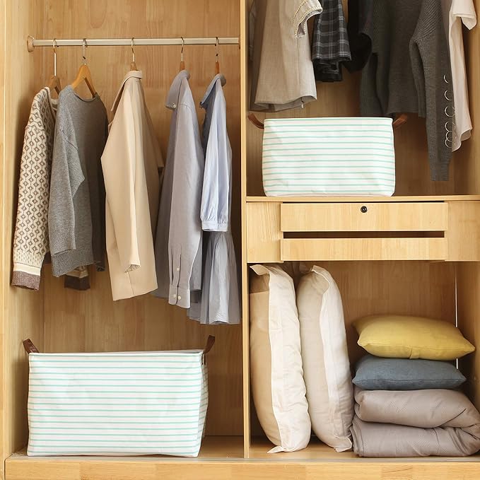 Hinwo 70L Extra Large Storage Bins, Closet Organizers and Storage, Foldable Clothes Storage Baskets with Handles, Containers for Clothing, Blanket, Comforters, Toys, Bedding (Mint Stripe)