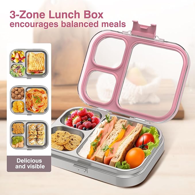 Stainless Steel Lunch Box, 3 Compartments Metal Bento Box for Kids Adults, Leak-Proof Lunch Box for School Office, Dishwasher Safe, BPA-Free, Tritan Lid, Pink