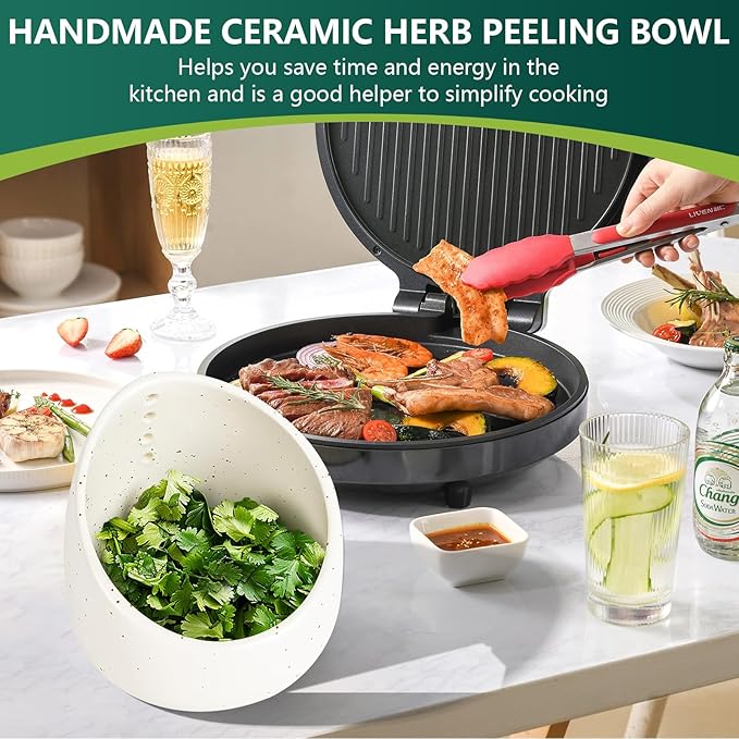 Pottery Herb Stripper Bowl,Handmade Ceramic Herb Stripper, Dishwasher-Safe, different sizes of round holes,kitchenware for root removal(white)