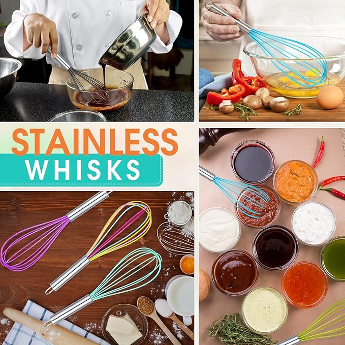 Domensi 16 Pcs 10 Inch Whisks Bulk for Cooking Silicone Whisks Non Scratch Stainless Steel Hand Coated Metal Heat Resistant Egg Beaters for Classroom Cook Party Favor Gift Supplies