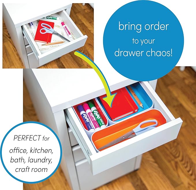 Three by Three Seattle 6 Piece Shallow Metal Organizer Tray Set for Storing Makeup, Stationery, Utensils, and More in Office Desk, Kitchen and Bathroom Drawers (1 Inch, Multicolor)