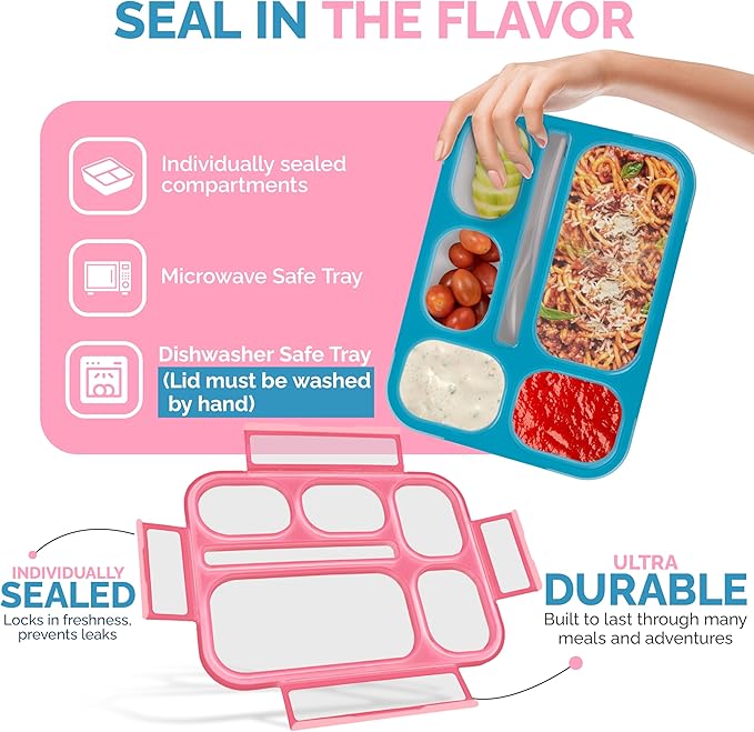 6 Compartment Lunch Boxes. Bento Box Lunchbox Containers for Kids, Boys Girls Adult. BPA-Free Microwave Safe School Bentobox Meal Planning Portion Container. Leakproof. Set of 2 Blue & Pink Kits