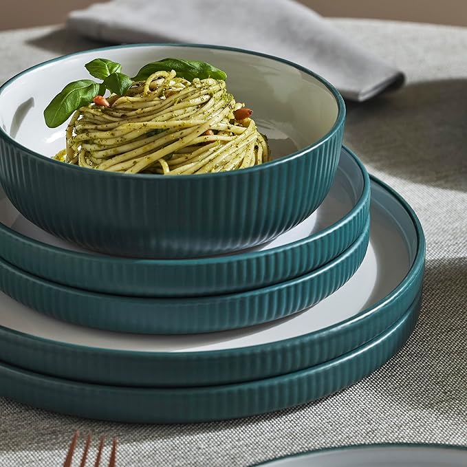 Christian Siriano Laro 12-Piece Stoneware Dinnerware Set, Plates and Bowls Set, Microwave and Dishwasher Safe, Dish Set for 4, Green