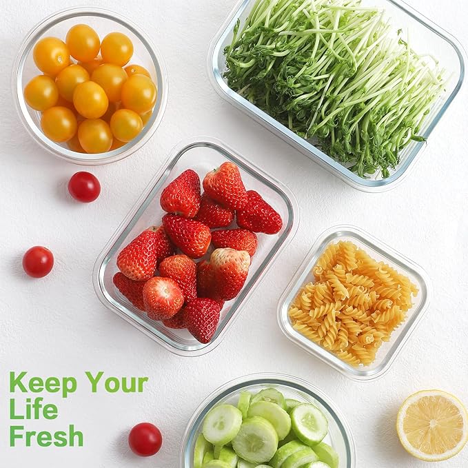 HOMBERKING Glass Food Storage Containers with Lids, [18 Piece] Glass Meal Prep Containers, Airtight Lunch Bento Boxes, BPA-Free & Leak Proof (9 lids & 9 Containers) - Grey