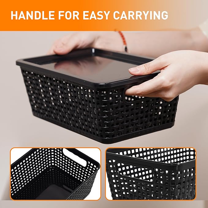 Plastic Storage Baskets With Lid, Storage Bins for Organizing, Stackable Decorative Containers for Shelves Drawers Desktop Closet Playroom Classroom Office, 8 Pack-Black
