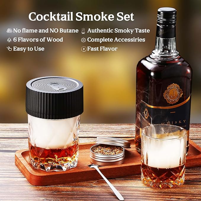 Electric Whiskey Smoker Kit Rechargeable Cocktail Smoker with 6 Wood Chips, No Butane Needed, Mens Gift for Whiskey Lovers, Old Fashioned Smoker Kit for Men, Bourbon Smoker Kit