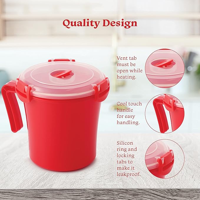 Tafura 22oz Microwave Soup Mugs with Handles, 2 Pack - Red Mug with Clear Lid
