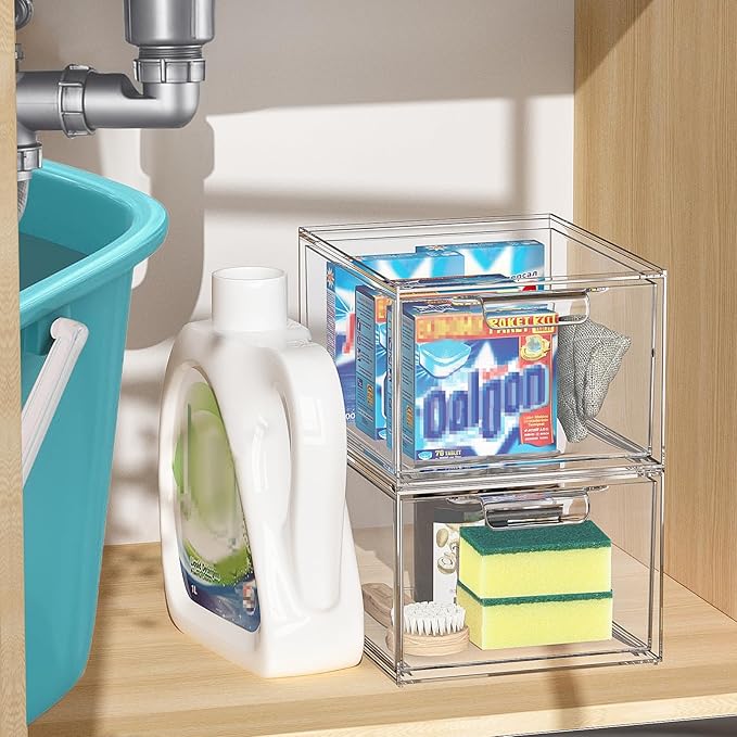 6 Pack Stackable Makeup Organizer and Storage, Acrylic Organizers，Clear Plastic Storage Drawer with Pull-Out Handles for Vanity, Undersink, Kitchen Cabinets, Pantry