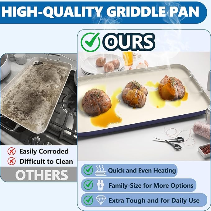 SafBbcue 20" x 13" Double Burner Griddle Pan, Non-Stick Ceramic Coated, for Outdoor Gas Pellet Grill, Stove Top Charcoal Grills, for Weber Charbroil Camp Chef Grill, Blue