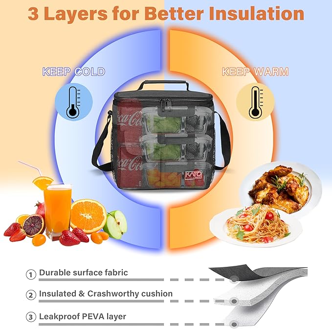 Tirrinia Insulated Large Lunch Bag for Women Men, Leakproof Lunch Box Containers for Adults, Work, School, Soft Lunchbox for Kids, Boys, Adult Cooler Bag for Picnic, Hiking,Beach,Charcoal