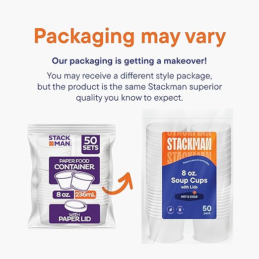 Stack Man [8 oz. - 50 Sets] Paper Food Container with Lid, Insulated Food Cups with Vented Lids - Hot or Cold To Go Soup Cup, for Soups, Ice Cream and Yogurt - Eco-Friendly - White