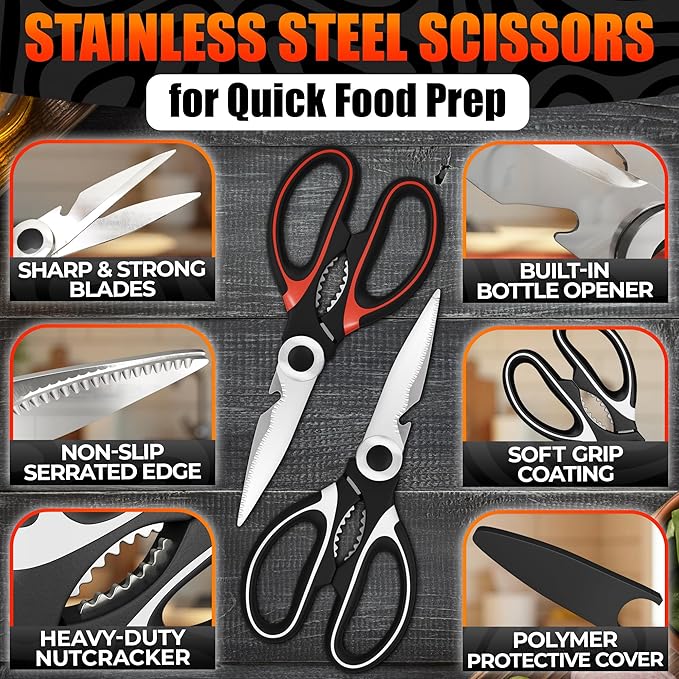 Kitchen Shears for Food Heavy Duty – Kitchen Scissors All Purpose with Cover, 2CR13 Stainless Steel Blades, Rust-Resistant Utility Scissors with Bottle Opener – Cuts Fish, Meat, Nuts & Vegetables