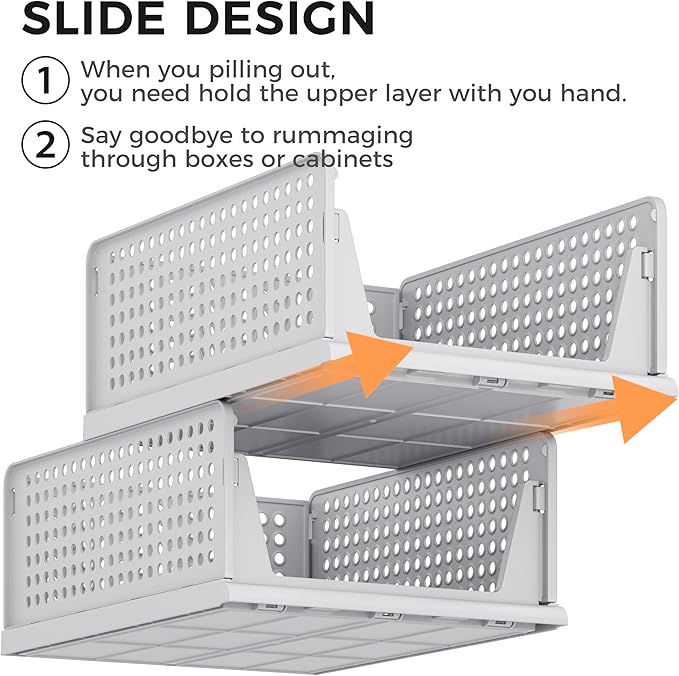 Pinkpum 8 Pack Closet Organizers and Storage Plastic Stackable Storage Bins, Foldable Drawer Shelf Storage Container for Wardrobe Kitchen Bathroom Dorm Grey
