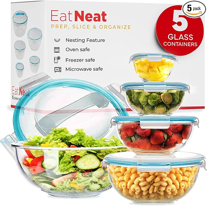 EatNeat 5‑Piece Glass Food Storage Bowl Set with Locking Lids – Airtight, Nesting, Stackable Bowls – Oven, Microwave Safe – Great Gift for Meal Prep, Salads, Leftovers, Baking & Cooking