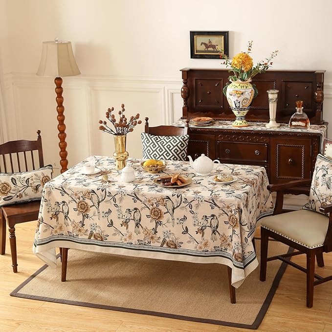 ISAENNE Designer Vintage Linen Extra Long Tablecloth Rectangle,Floral and Bird Pattern Elegant Table Cloth,Fall Wrinkle Resistant Decor Tablecloths for Dining Kitchen Christmas,67"*118"-Murad A