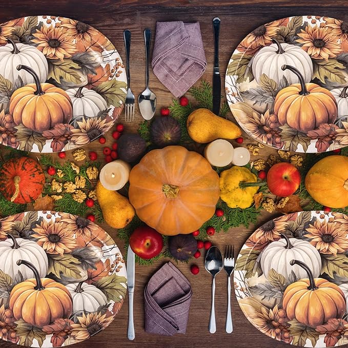 WDF 50Pack Thanksgiving Paper Plates - 10" x 12" Heavy Duty Pumpkin Paper Plates Disposable for Thanksgiving/Fall Party