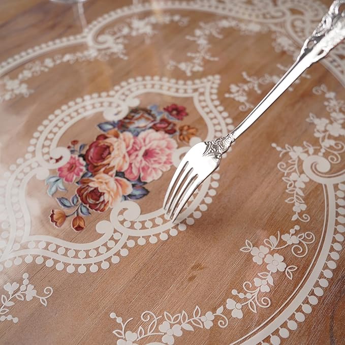 Clear Table Cover Protector Plastic Vinyl Table Cloth with White Lace Pattern Oil Spill Proof Plastic Tablecloths for Dining Tables Parties Holidays (French Lace, 52 x 70 Inches)