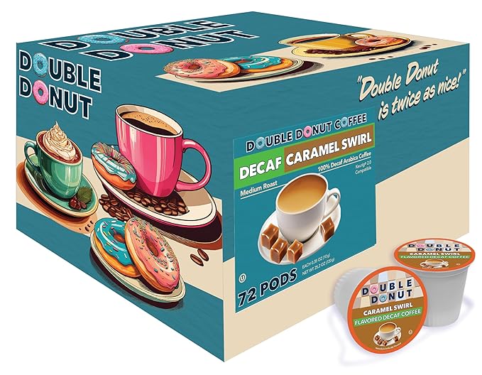Double Donut Coffee Decaf Caramel Swirl Flavored Coffee Pods, Decaf Medium Roast Coffee, Compatible with Keurig K Cups Brewers 72 Count