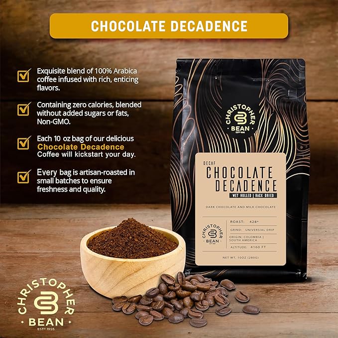 Christopher Bean Coffee - Certified Kosher - Decaf Ground Universal Drip Chocolate Decadence Flavored Coffee| Flavored Coffee with Medium Roast 100% Arabica, No Sugar, No Fats, Non-GMO | 10-Ounce