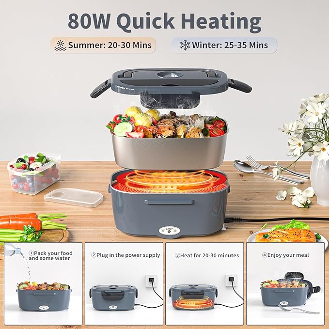 Vingud Electric Lunch Box for Adults, Heated Lunch Box Food Warmer, 80W Portable Heating Lunchbox for Men/Car/Truck with 1.5L Stainless Steel Container, 12V/24V/110V Lonchera Eléctrica Portátil Gift