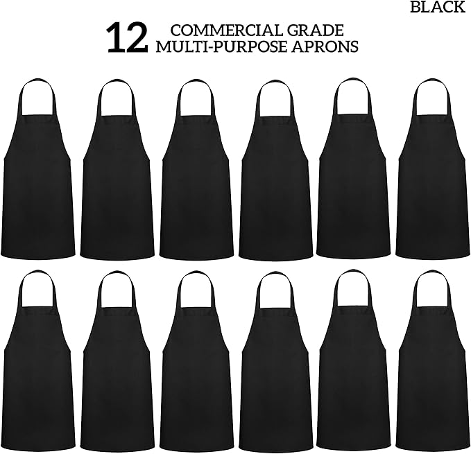 GREEN LIFESTYLE 12 Pack Bib Apron - Unisex Black Aprons, Machine Washable Aprons for Men and Women, Kitchen Cooking BBQ Bulk (Pack of 12, No Pockets, Black)