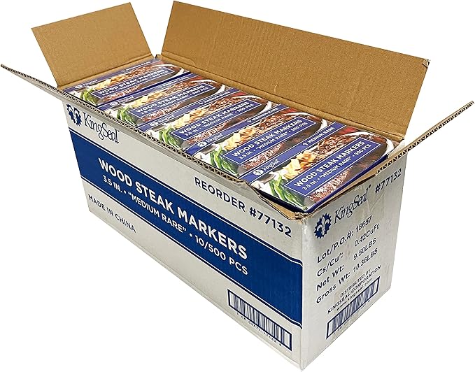 KingSeal 5000 Count 3.5 Inch Natural Birch Wood Steak Markers, Heat Stamped, MED Rare, Eco Friendly, Commercial Bulk Pack - 10 Boxes x 500 Markers