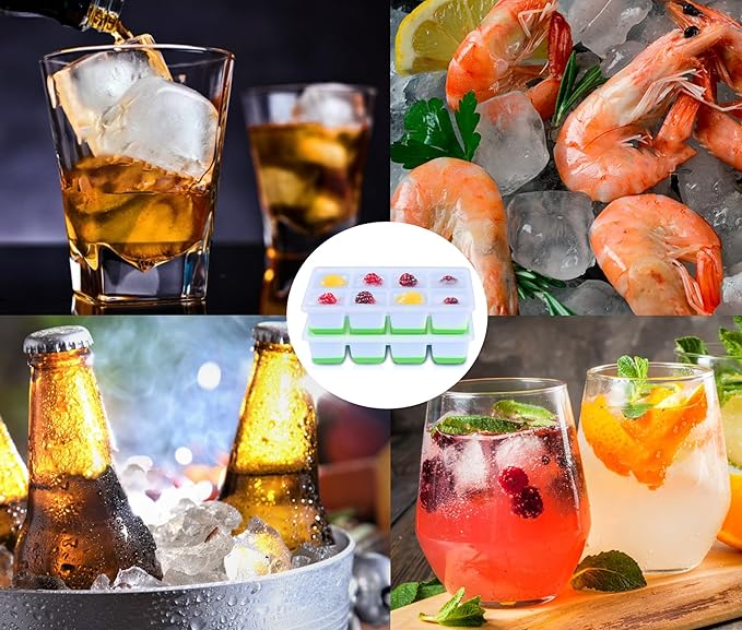 Large Ice Cube Trays with Lid, Jrisbo 2 Pack Stackable Silicone Ice Cube Molds for Freezer, Easy Release 16 Big Square Ice Trays for Whisky Cocktails