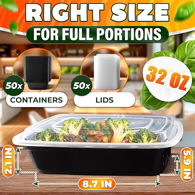 50 Pack [32 oz] Freezer Meal Prep Containers Reusable - Plastic Food Storage Containers with Lids, Dishwasher & Microwave Friendly, Warp-Resistant - Versatile Use for Meals, Leftovers & More