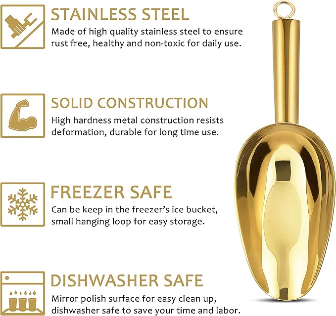 6 Ounce Ice Scoop Set of 2, E-far Gold Stainless Steel Small Scoops for Ice Cube/Candy/Flour/Sugar, Metal Utility Scoops for Canisters, Baking, Kitchen Pantry, Rust Free & Dishwasher Safe