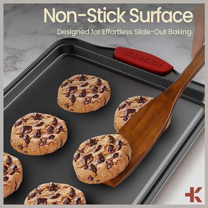 BAKKEN Cookie Sheets for Baking Nonstick Set - 3-Piece Stackable Carbon Steel Baking Sheet Pans Set with Silicone Handles, Non Toxic Cookie Sheets for Baking Bakeware Set - Gray Marble