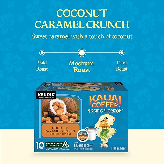 Kauai Coffee K-Cup Pods for Keurig Brewers – Arabica Coffee, 10% Hawaiian – Medium Roast, Nutty Caramel with Tropical Coconut – Coconut Caramel Crunch, 1 Pack of 10 Single Serve K-Cups
