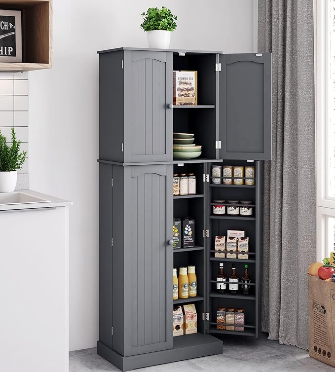Yusong 64'' Grey Kitchen Storage Cabinet, Tall Pantry Cabinet with Doors and Shelves, 17 Cubic Feet, Freestanding for Kitchen, Dining, Living Room
