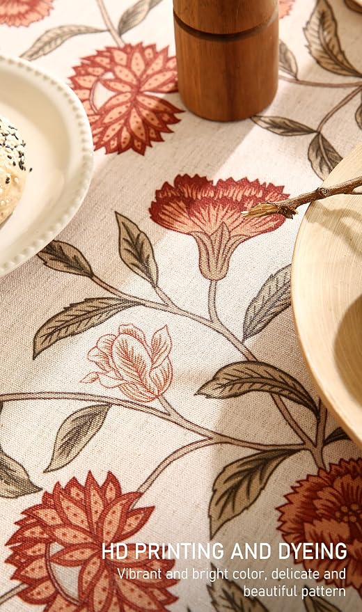 ISAENNE Designer French Long Rectangular Tablecloth,Linen Orange Floral Pattern Indoor Table Cloth,Wrinkle Resistant Decor Table Cloth for Dining Thanksgiving Kitchen Party,63"*94"-Alvarado D