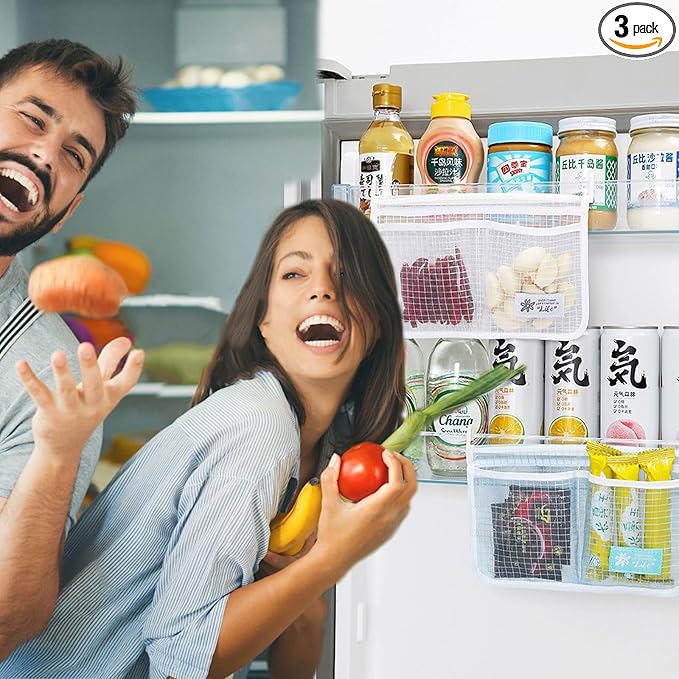 3PCS Refrigerator Door Organizer Set, Fridge Hanging Mesh Bag for Kitchen Storage Bag, Household Sundries Sorting Bag Used to Refrigerator Side Door, Only for Small Objects Containers (White)