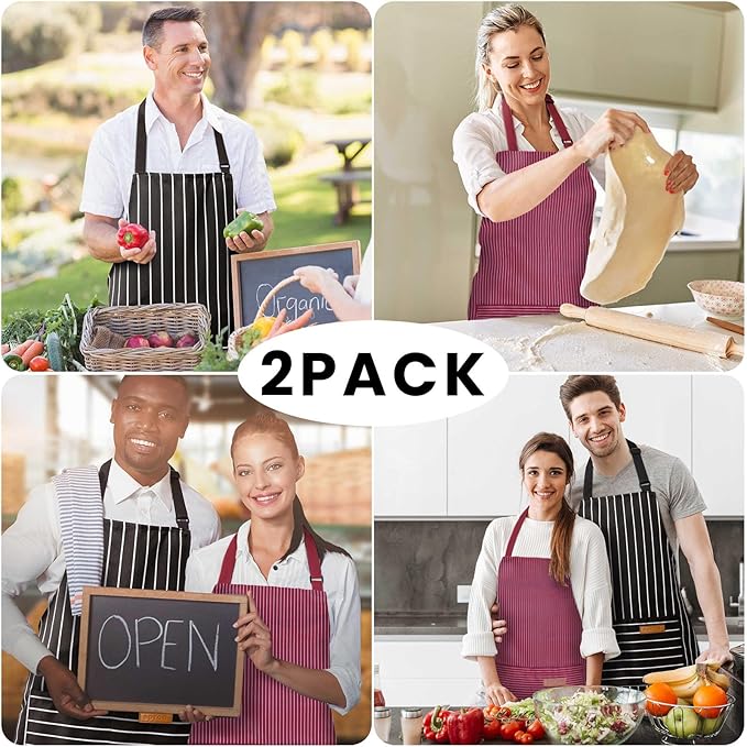 2 Pack Adjustable Bib Apron with 2 Pockets Chef Cooking Kitchen Restaurant Aprons for Women Men