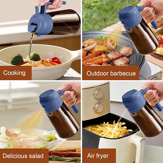 YARRAMATE 16oz/470ml Dark Brown Oil Sprayer for Cooking with Stickers, Food-grade Premium 2 in 1 Olive Oil Dispenser Bottle for Kitchen Gadgets, Air Fryer, Salad, Frying, BBQ (Navy)