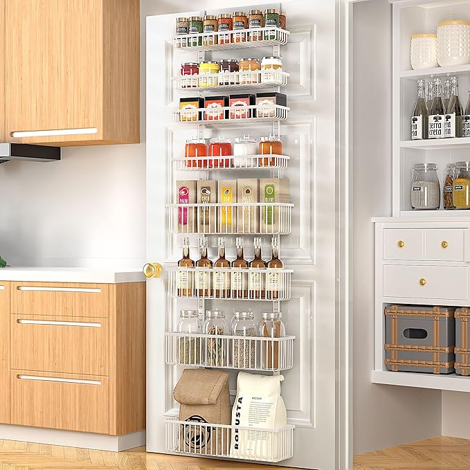 Moforoco White Over The Door Pantry Organizer, Pantry Organization and Storage, Metal Hanging Spice Rack Shelves Door, Seasoning Shelves, Laundry Room Organization, House and Kitchen Essentials
