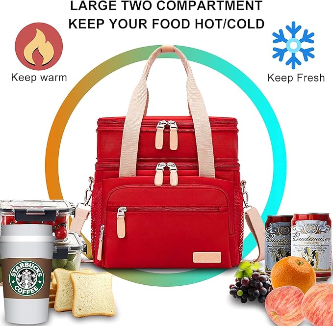 Weitars Lunch Bag for Women, Loncheras Para Mujer Waterproof Reusable Large Dual Compartment Lunch Box Wide-Open Cooler Tote Bag For Nurse Office Working Picnic Hiking (15L) (Red)