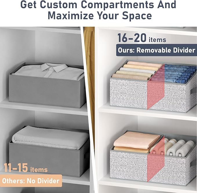 DIMJ Large Closet Shelf Organizer Bins 6 Packs with Handles and Divider, Fabric Trapezoid Storage Baskets, Foldable Clothes Containers Box for Shelf, Towel, Book, Toy, Purse, Hats, Grey