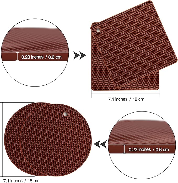 Joyhalo Trivets for Hot Dishes - Hot Pads for Kitchen, Silicone Pot Holders for Hot Pots and Pans, Silicone Mats for Kitchen Countertops, Table, Flexible Easy to Wash and Dry, Brown