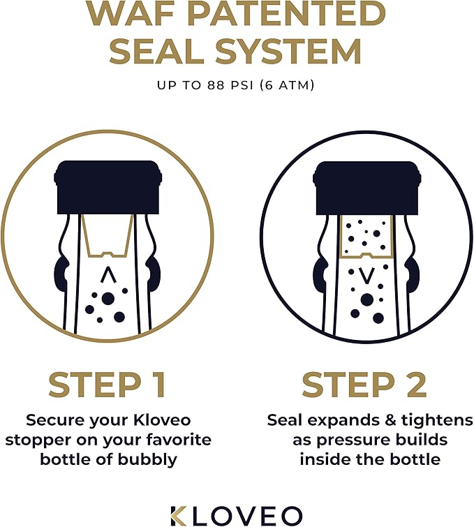 Champagne Stoppers by Kloveo - Patented Seal (No Pressure Pump Needed) Made in Italy - Professional Grade WAF Champagne Bottle Stopper - Prosecco, Cava, and Sparkling Wine Stopper - Gold, 2-Pack