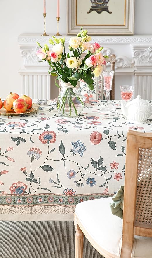 ISAENNE Designer Chinoiserie Linen Floral Extra Long Tablecloth Rectangle,White Wrinkle Resistant Table Cloth,Elegant Decor Tablecloths for Dining Thanksgiving Kitchen Party,67"*118"-Daffy