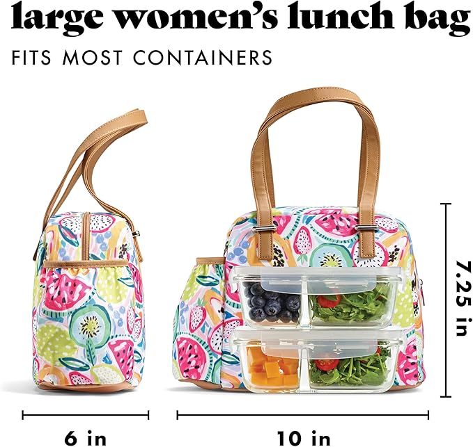Fit & Fresh Lunch Bag For Women, Insulated Womens Lunch Bag For Work, Leakproof & Stain-Resistant Large Lunch Box For Women With Bottle Pocket, Long Straps, Zipper Closure Laketown Bag Fruit Tumbler