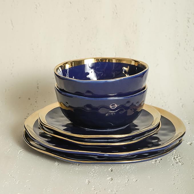 Stone Lain Florian Modern Porcelain Dish Set, 32-Piece Dishes for 8, Gold and Blue