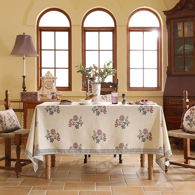 ISAENNE Designer Linen Light Beige Square Tablecloth,French Colorful Floral Table Cloth,Fall Stain Resistant Decor Tablecloths for Dining Thanksgiving Christmas Kitchen,67"*67"-Helena E