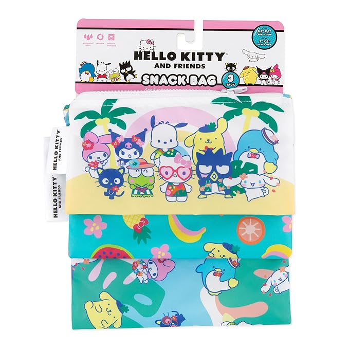 Bumkins - Cloth Snack & Sandwich Bags - For Storage, Travel, Food Prep, Lunch - Reusable, Water Resistant, Washable, Dishwasher Safe - Snack Bags for Kids - Zipper Closure - Hello Kitty - 3 Pack