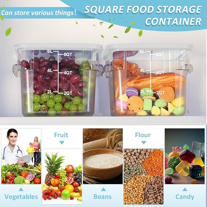 Yungyan 12 Pcs 4 Qt Commercial Food Storage Containers with Lids Restaurant Square Airtight Food Storage Containers Clear Cereal Container for Kitchen Freezer Dishwasher Pantry (White Lid)