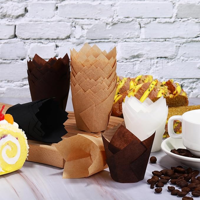 Ruisita 150 Pieces Mini Baking Cups Tulip Baking Cups Cupcake Liners Muffin Liners for Wedding, Birthday, Baby Shower Parties, Natural, White, Brown, Black
