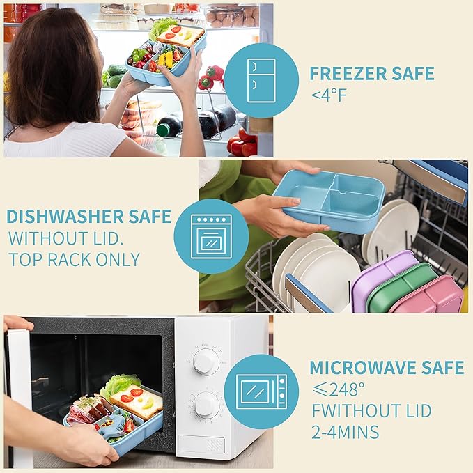 Wheat Straw Lunch Box, Leakproof Bento Box for Kids, BPA-Free Lunch Containers for Adults with 3 Compartments, Microwave Safe (Blue, Regular Size)