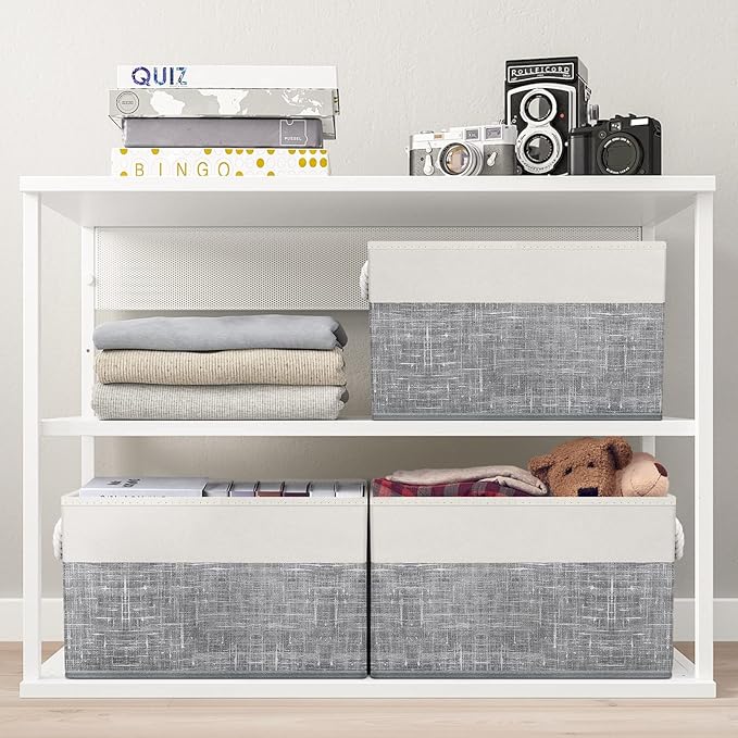 Fab Totes Foldable Storage Baskets - 6-Pack, Organize Toys, Books, Shelves, Closet - Large Storage Box with Rope Handles, Sturdy White & Grey Bins